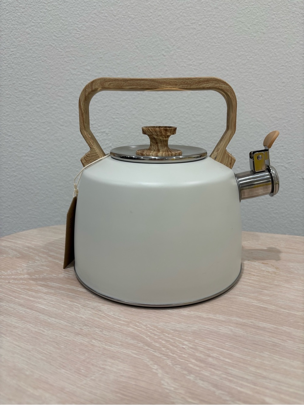 Classic Cream Whistling Tea Kettle with Wood-Effect Handle